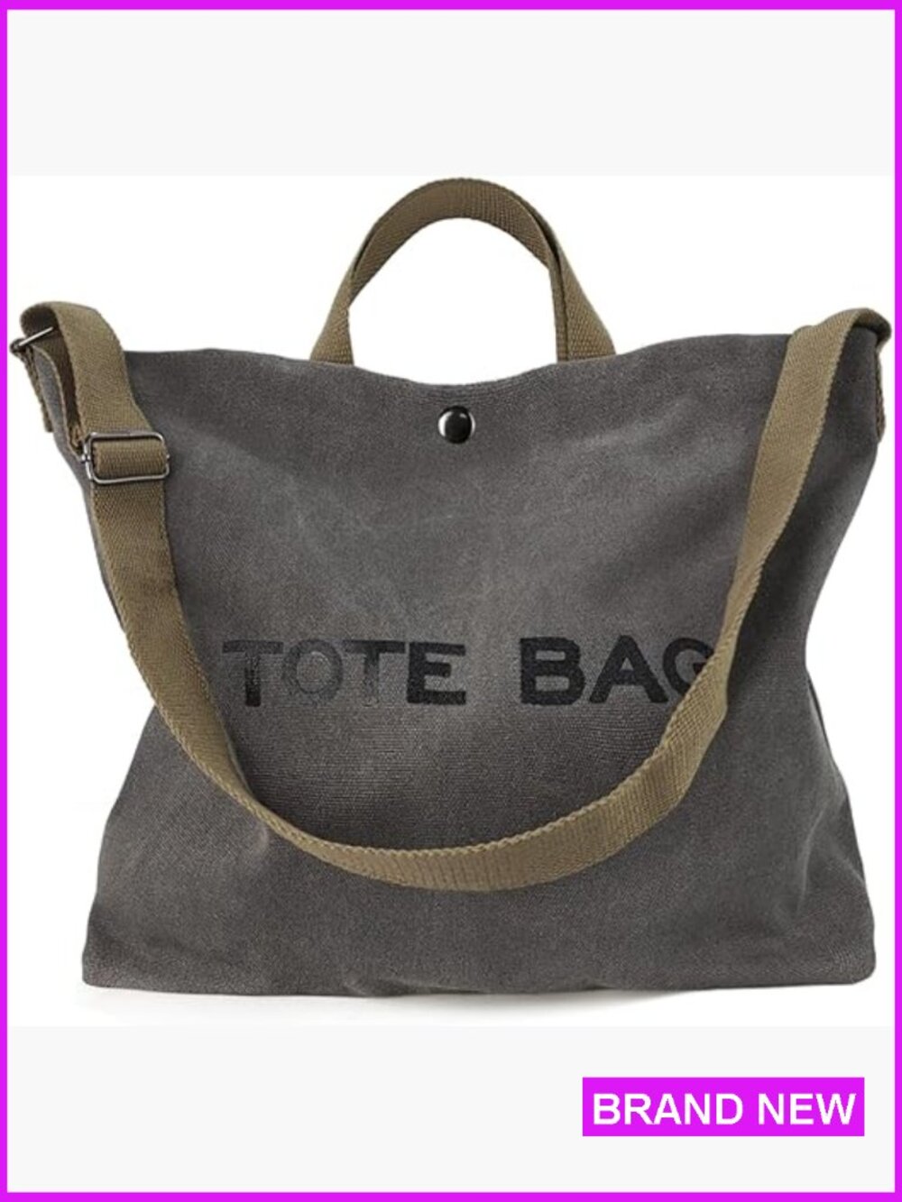 Gray Canvas Tote Bag with Olive Shoulder Strap